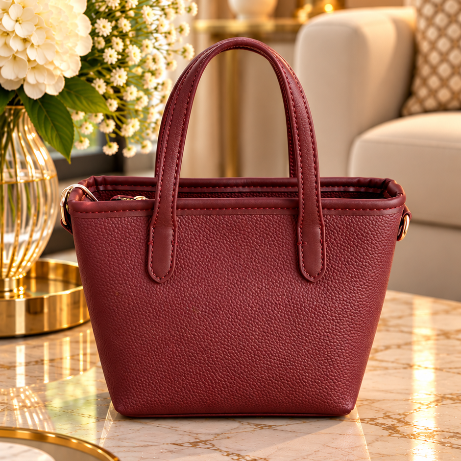 Burgundy Textured mini Tote Bag WITH CHERRY CHARM