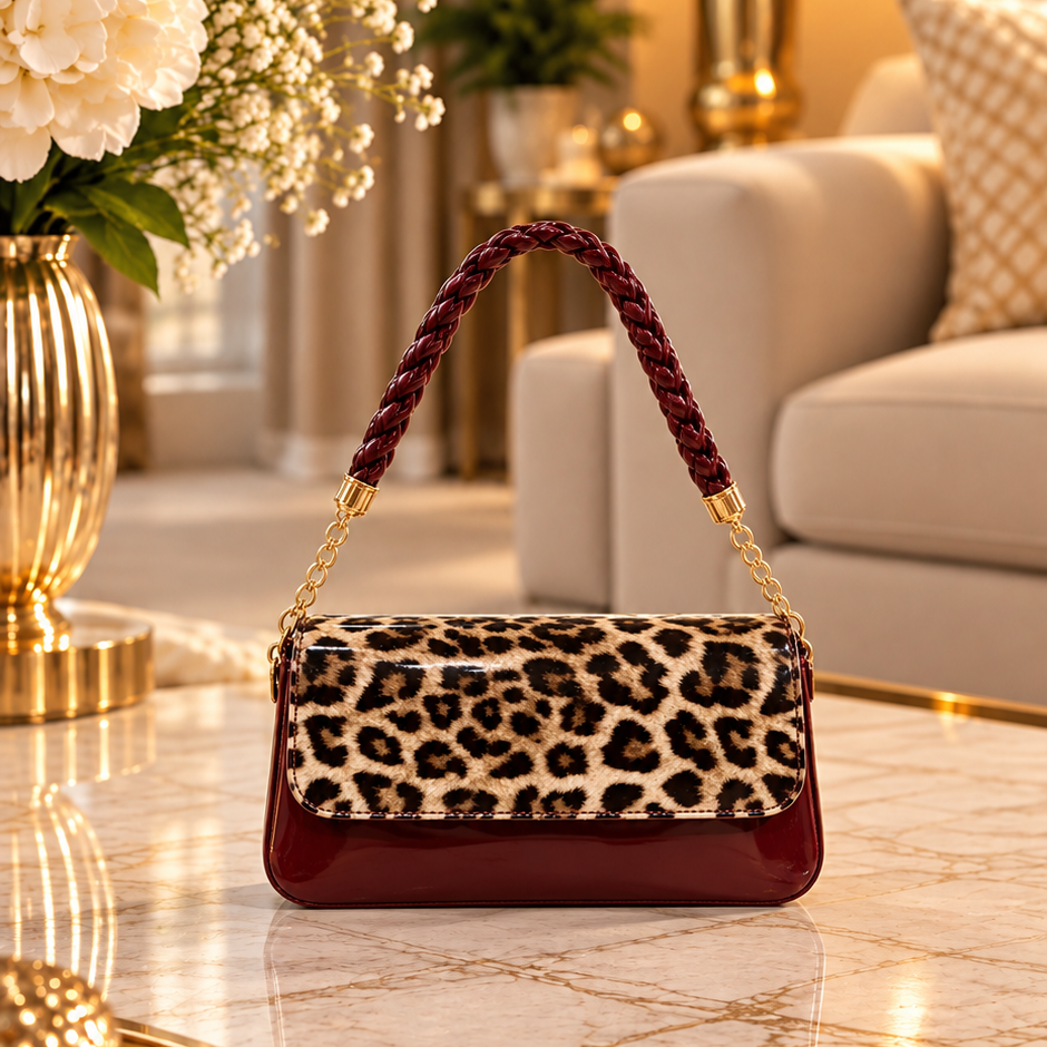 Burgundy Leopard Print Flap Shoulder Bag with Braided Chain Strap