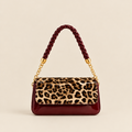 Burgundy Leopard Print Flap Shoulder Bag with Braided Chain Strap