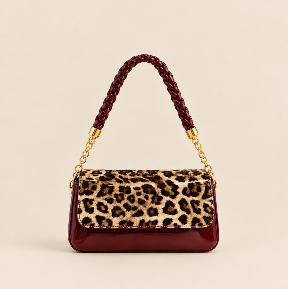 Burgundy Leopard Print Flap Shoulder Bag with Braided Chain Strap