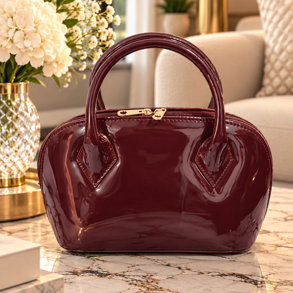 Cherry red  Glossy Dome Handbag with Gold-Tone hardware with cherry charm