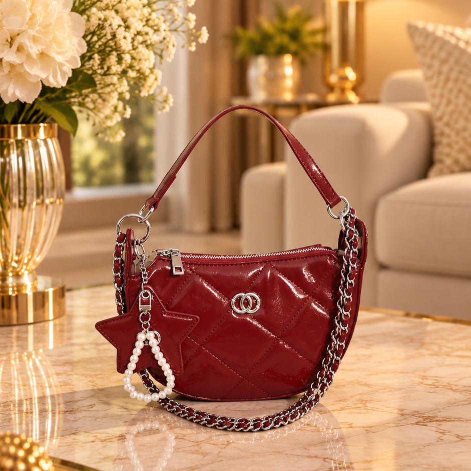 Burgundy Quilted Shoulder Bag with Chain Strap