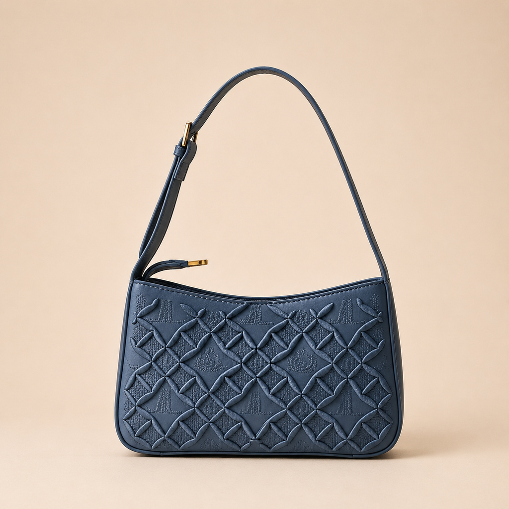 Blue Embossed Shoulder Bag with Adjustable Strap