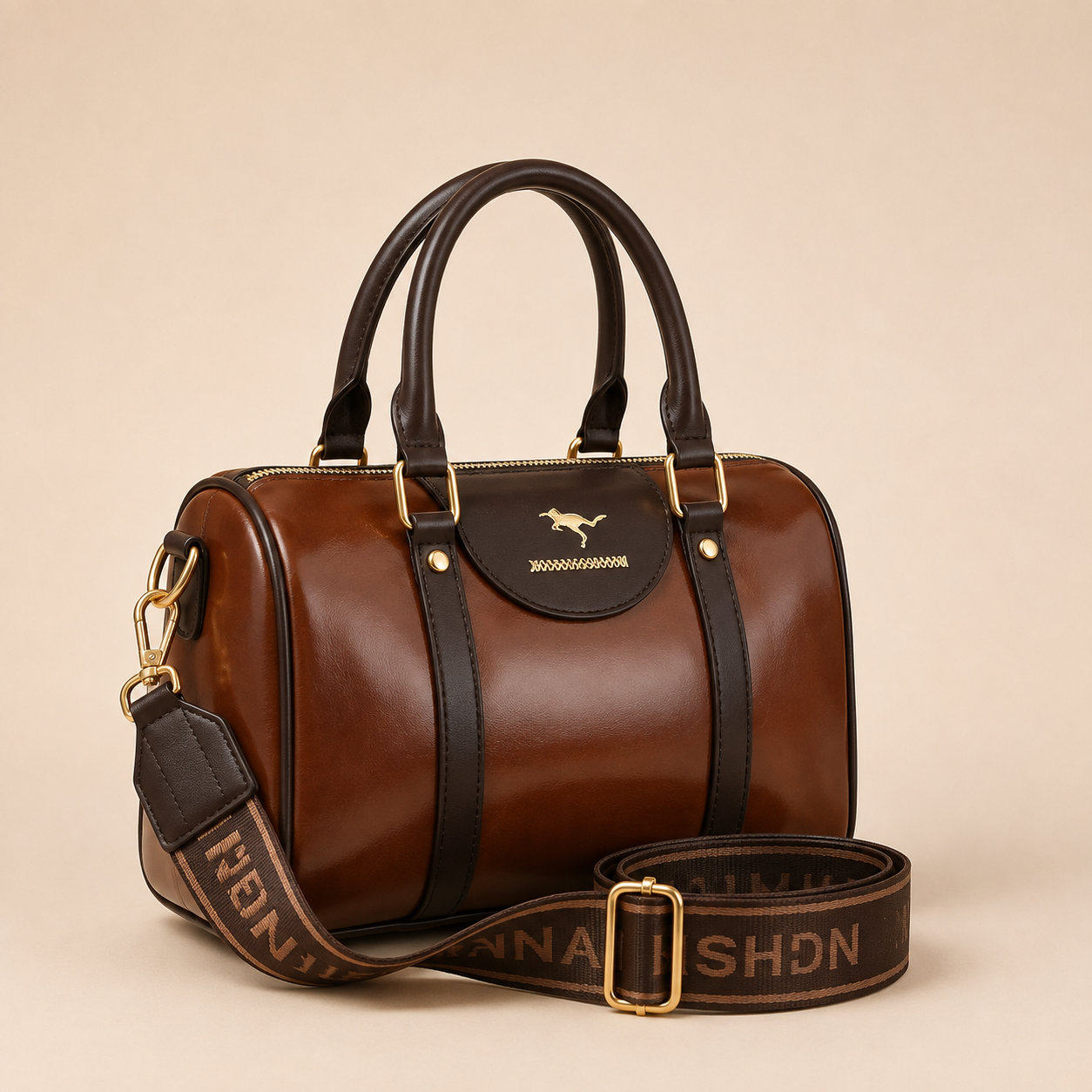 Brown & Black Structured Bowling Bag with Shoulder Strap