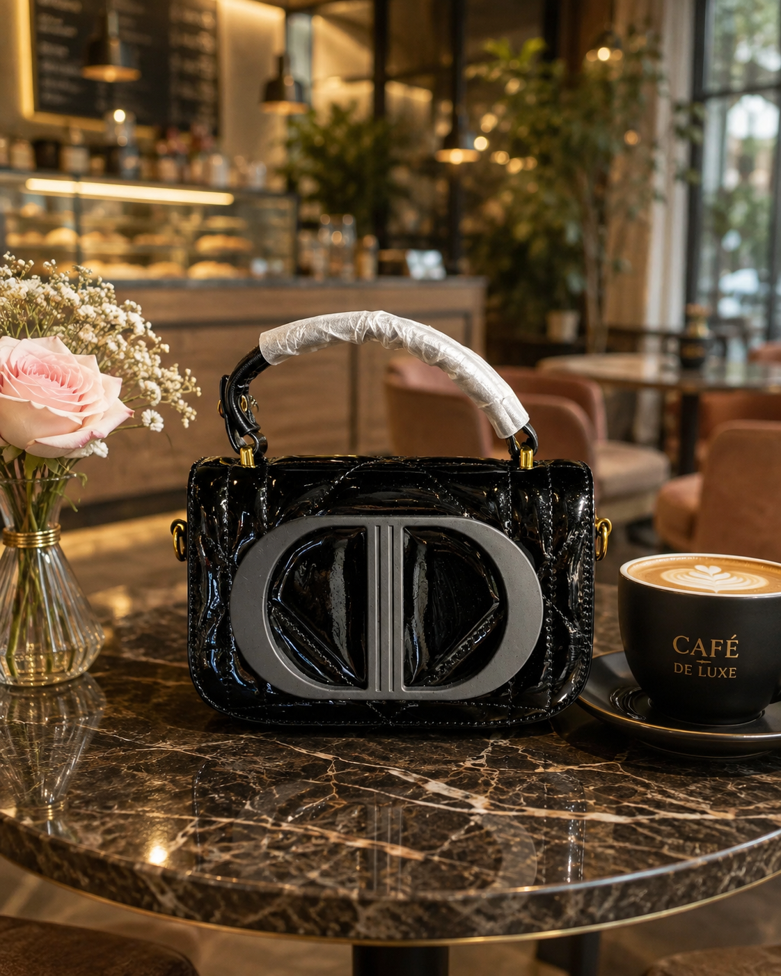 Black Glossy Structured Handbag
