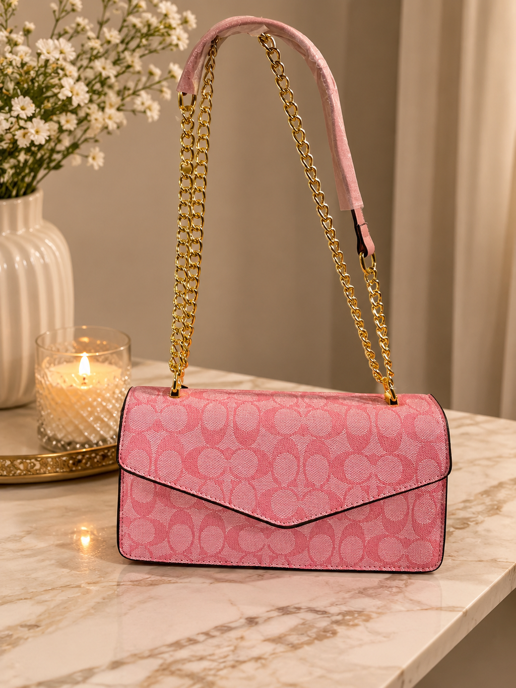 Pink Patterned Chain Shoulder Bag