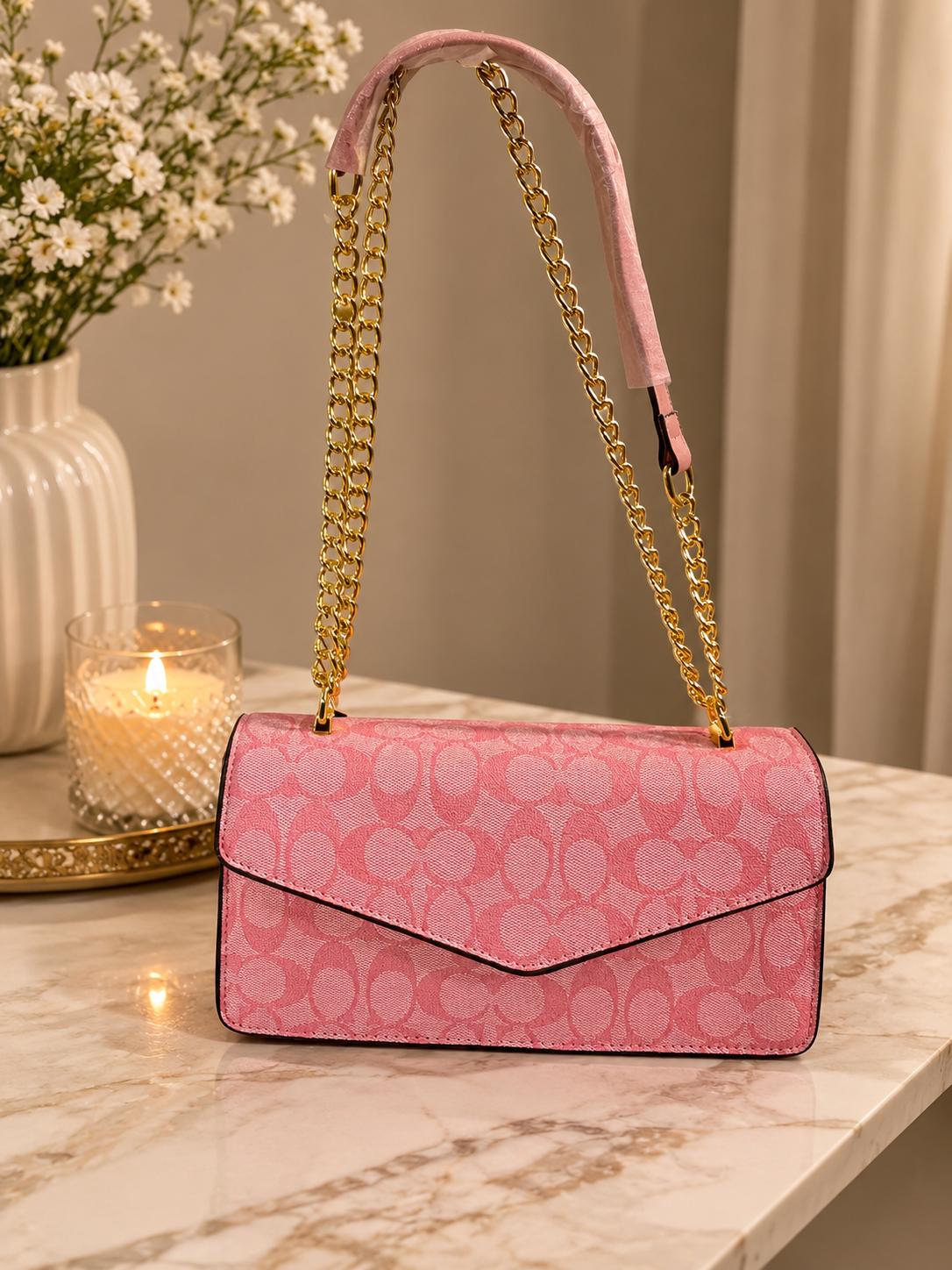 Pink Patterned Chain Shoulder Bag