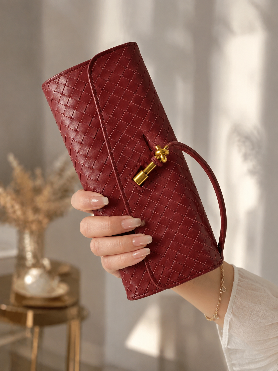 WINE RED Woven Leather Clutch Bag