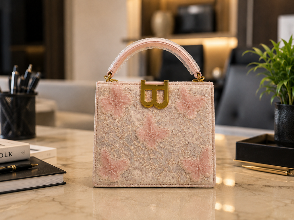 Pink BUTTERFLY Floral Lace Structured Handbag
