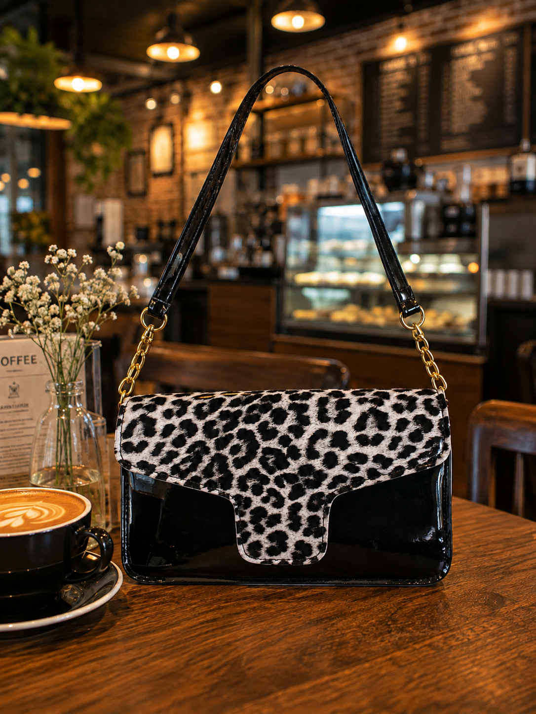 Black & White Leopard Print Shoulder Bag