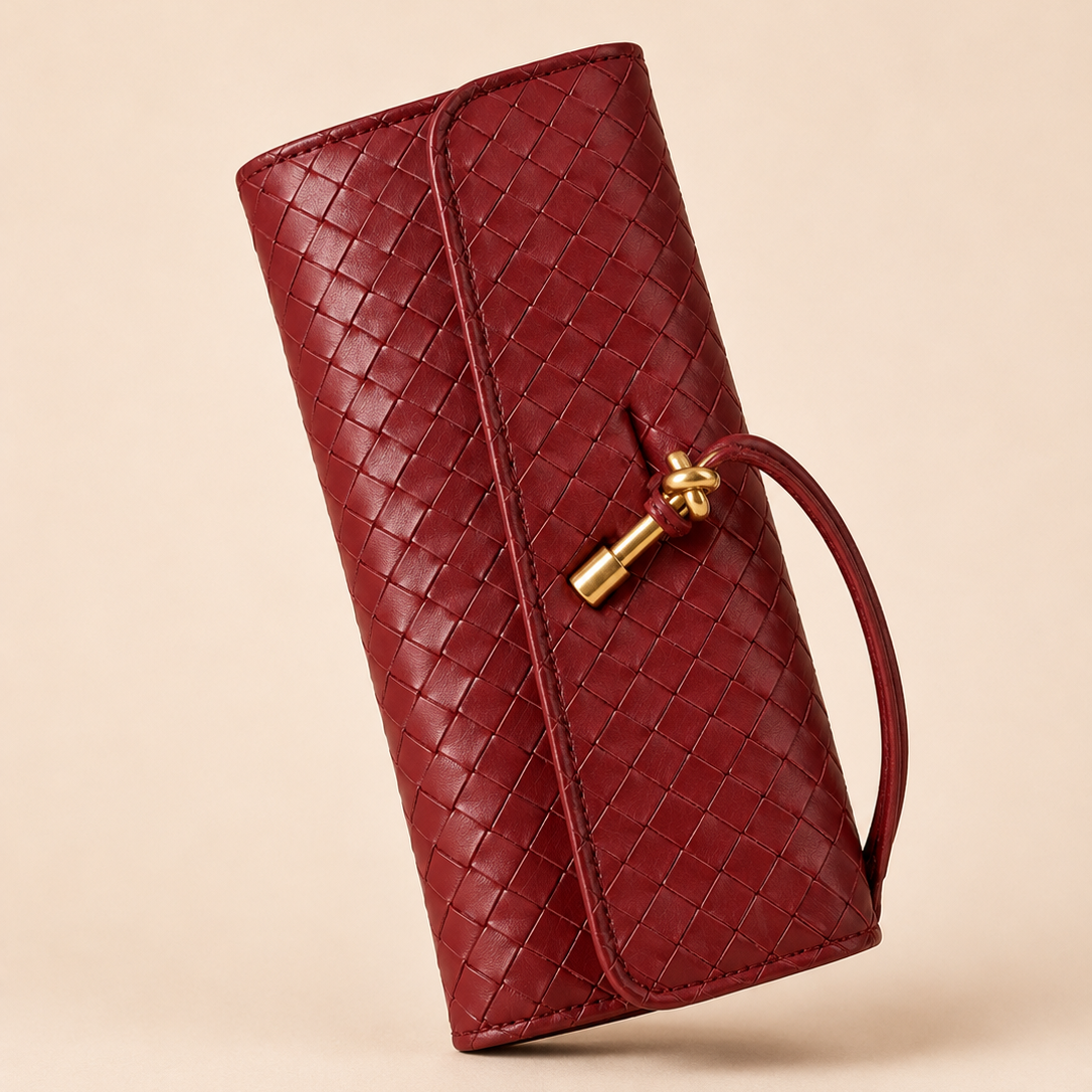 WINE RED Woven Leather Clutch Bag