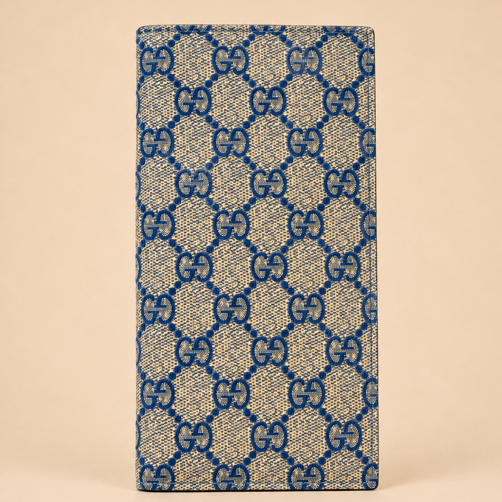 Blue Patterned Long Wallet with Classic Monogram Design