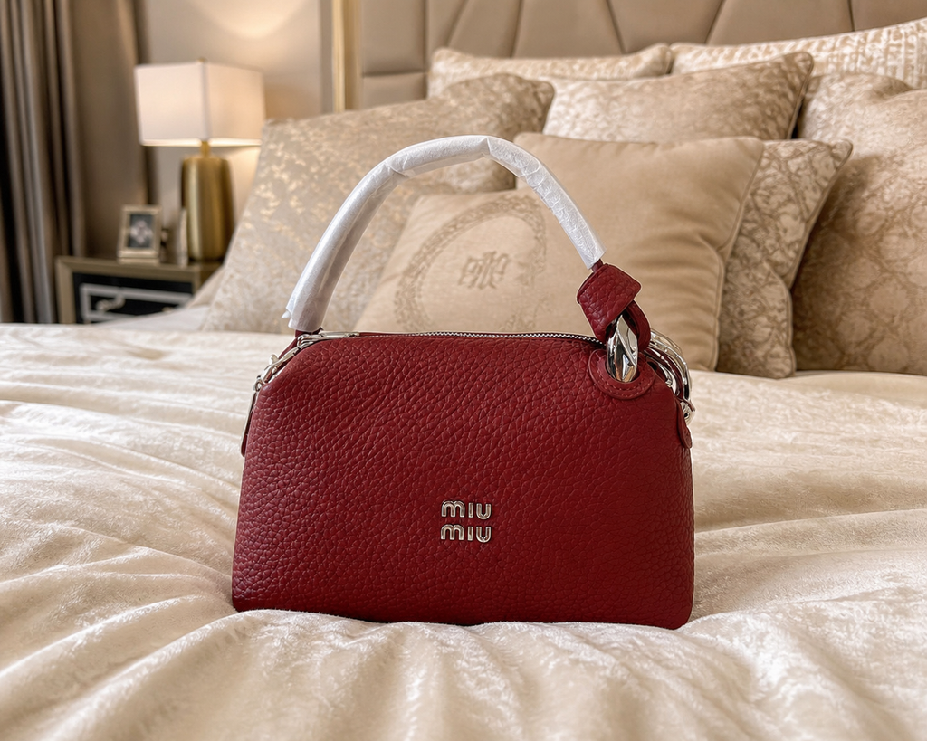 Burgundy Textured  Handbag with White Top Handle