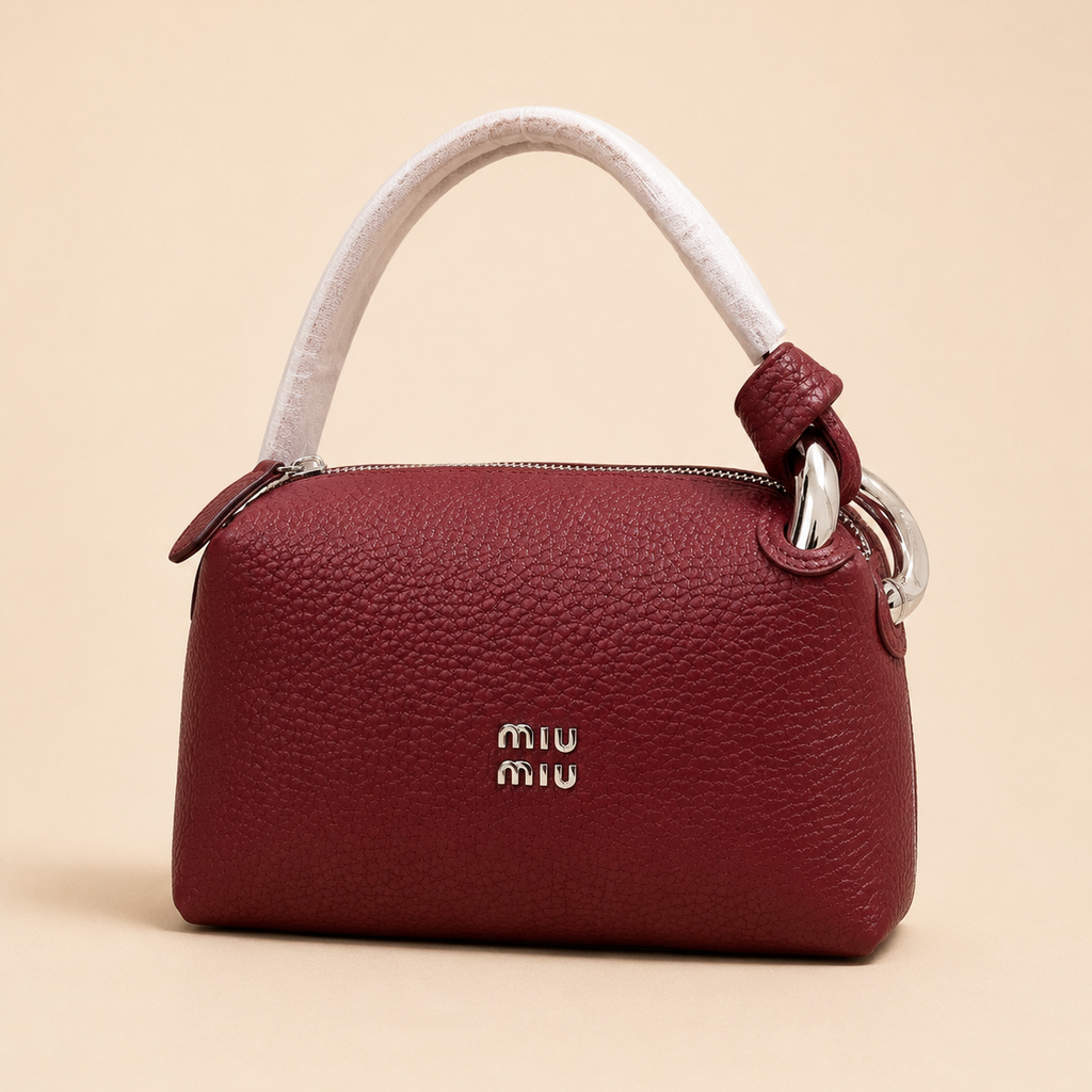Burgundy Textured  Handbag with White Top Handle