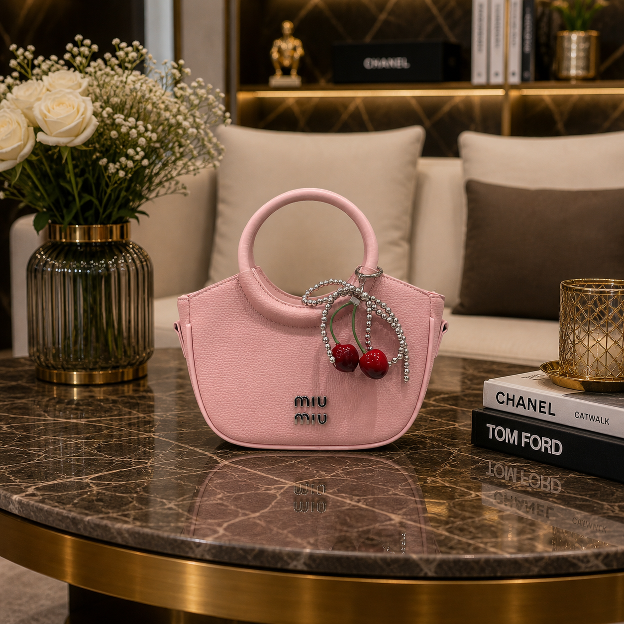Pink Textured Top Handle Handbag with Cherry Charm