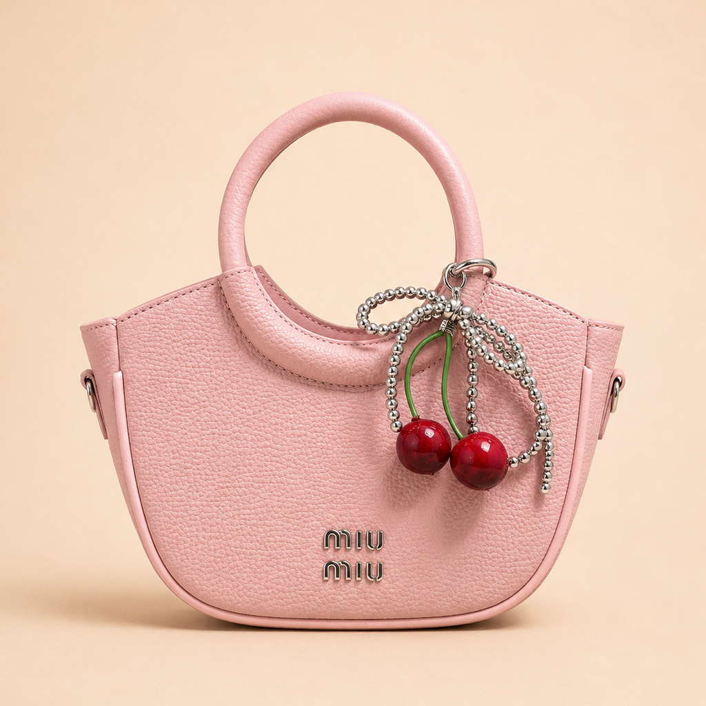 Pink Textured Top Handle Handbag with Cherry Charm
