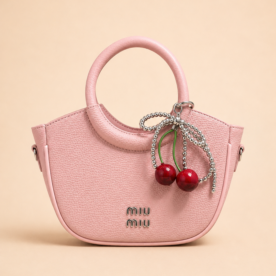 Pink Textured Top Handle Handbag with Cherry Charm