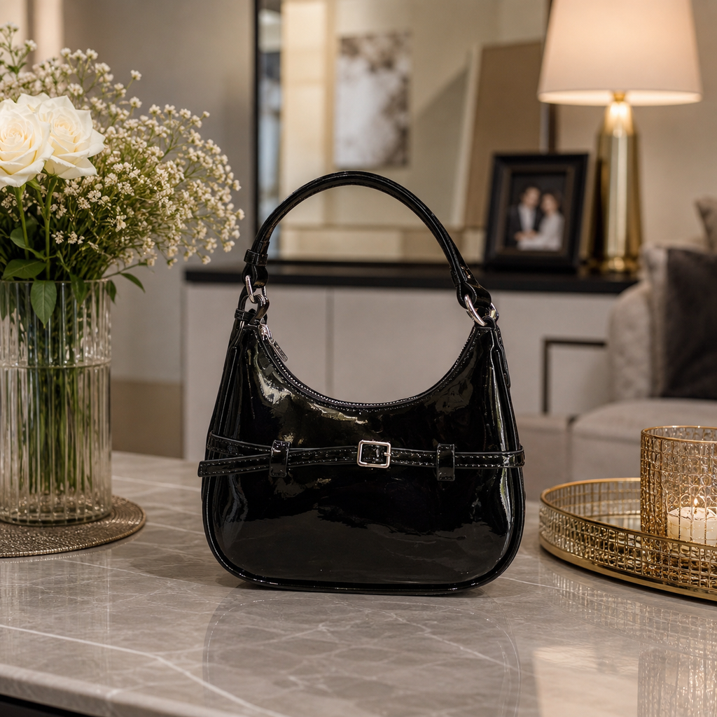 Black Patent Shoulder Bag with Belt Detail