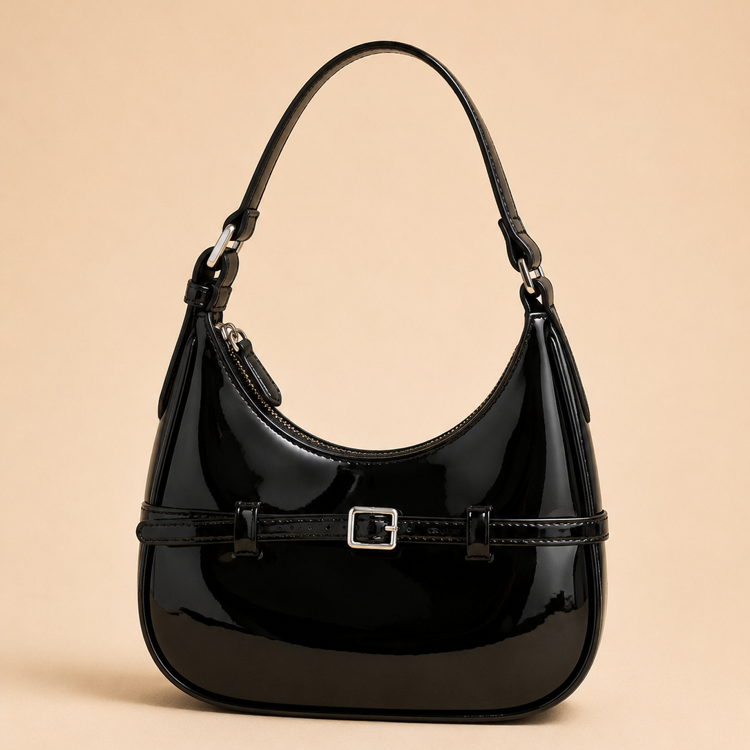 Black Patent Shoulder Bag with Belt Detail