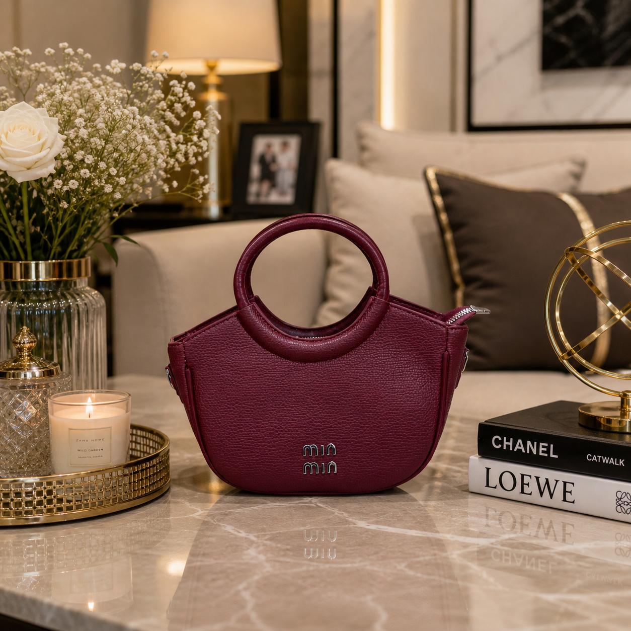 Burgundy Structured Top Handle Handbag with Round Handle