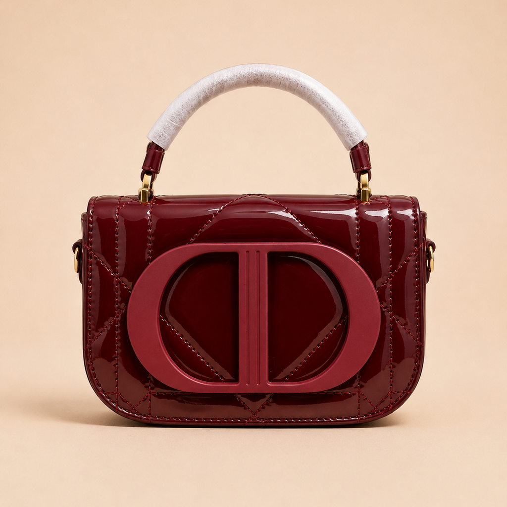 Burgundy Patent Quilted Glossy  Top Handle Bag with Statement Front Detail