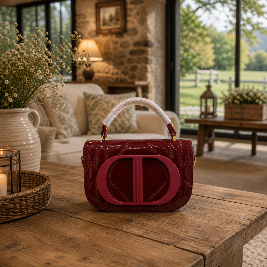 Burgundy Patent Quilted Glossy  Top Handle Bag with Statement Front Detail
