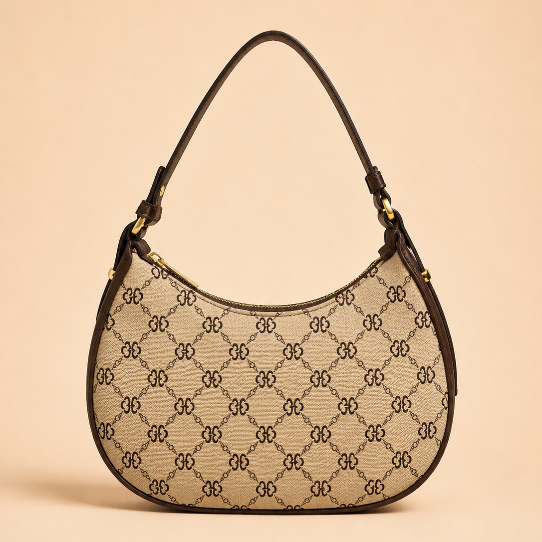 Beige Monogram Print Shoulder Bag with Brown Trim