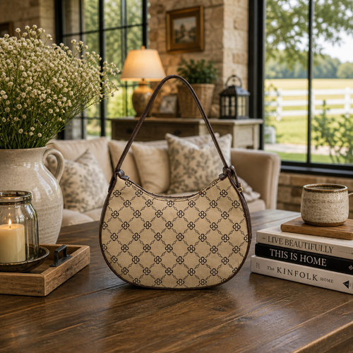 Beige Monogram Print Shoulder Bag with Brown Trim