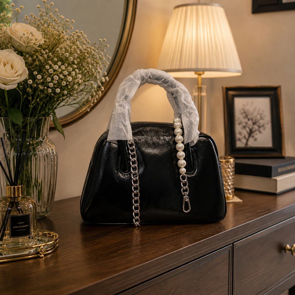 Black Super Soft Leather Handbag with Pearl & Chain Detail