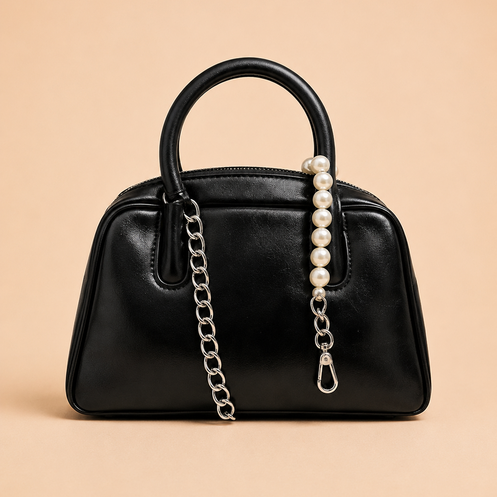 Black Super Soft Leather Handbag with Pearl & Chain Detail