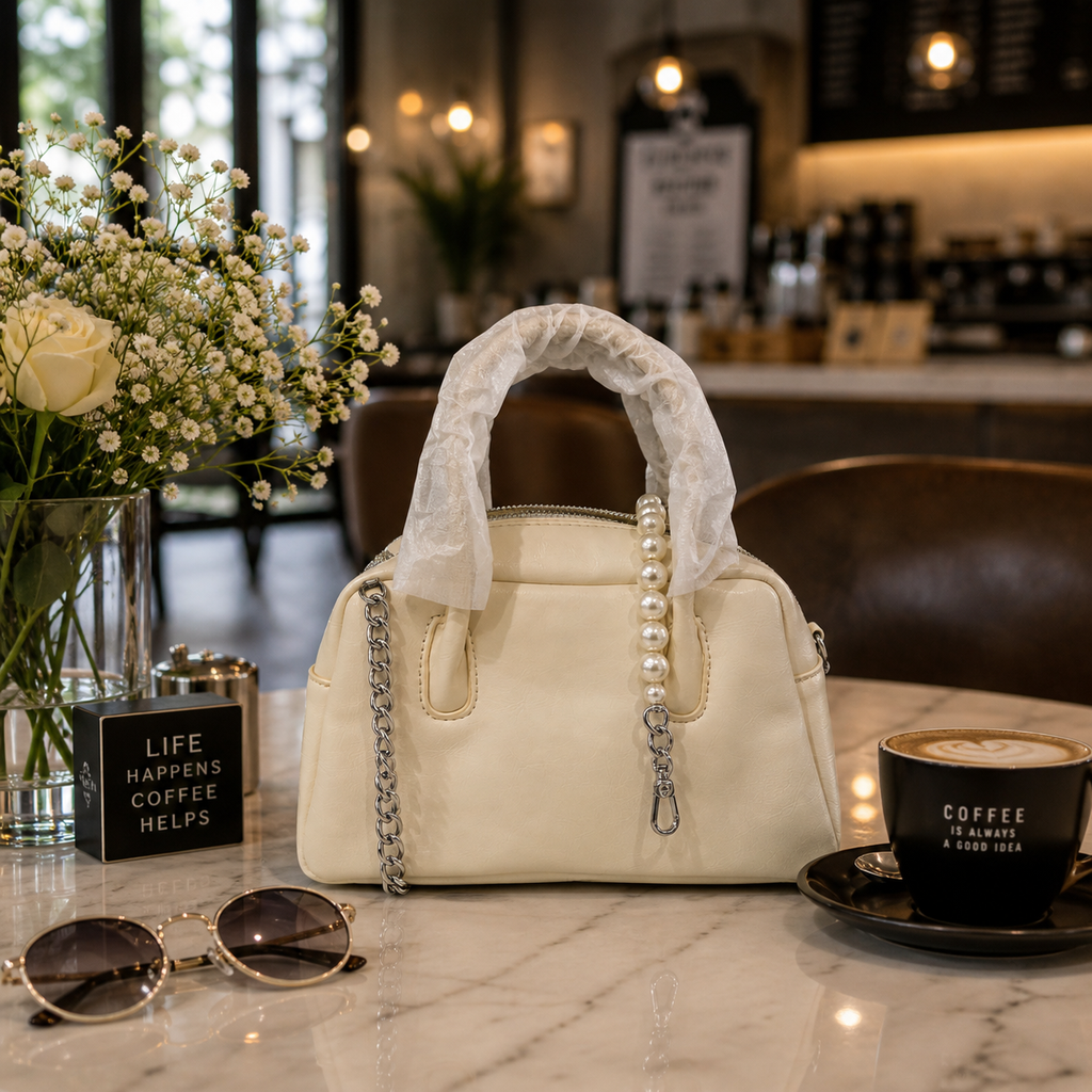 Ivory Super Soft Leather Handbag with Pearl & Chain Detail