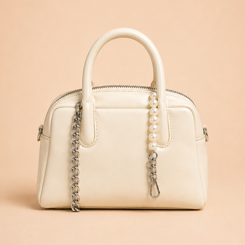 Ivory Super Soft Leather Handbag with Pearl & Chain Detail