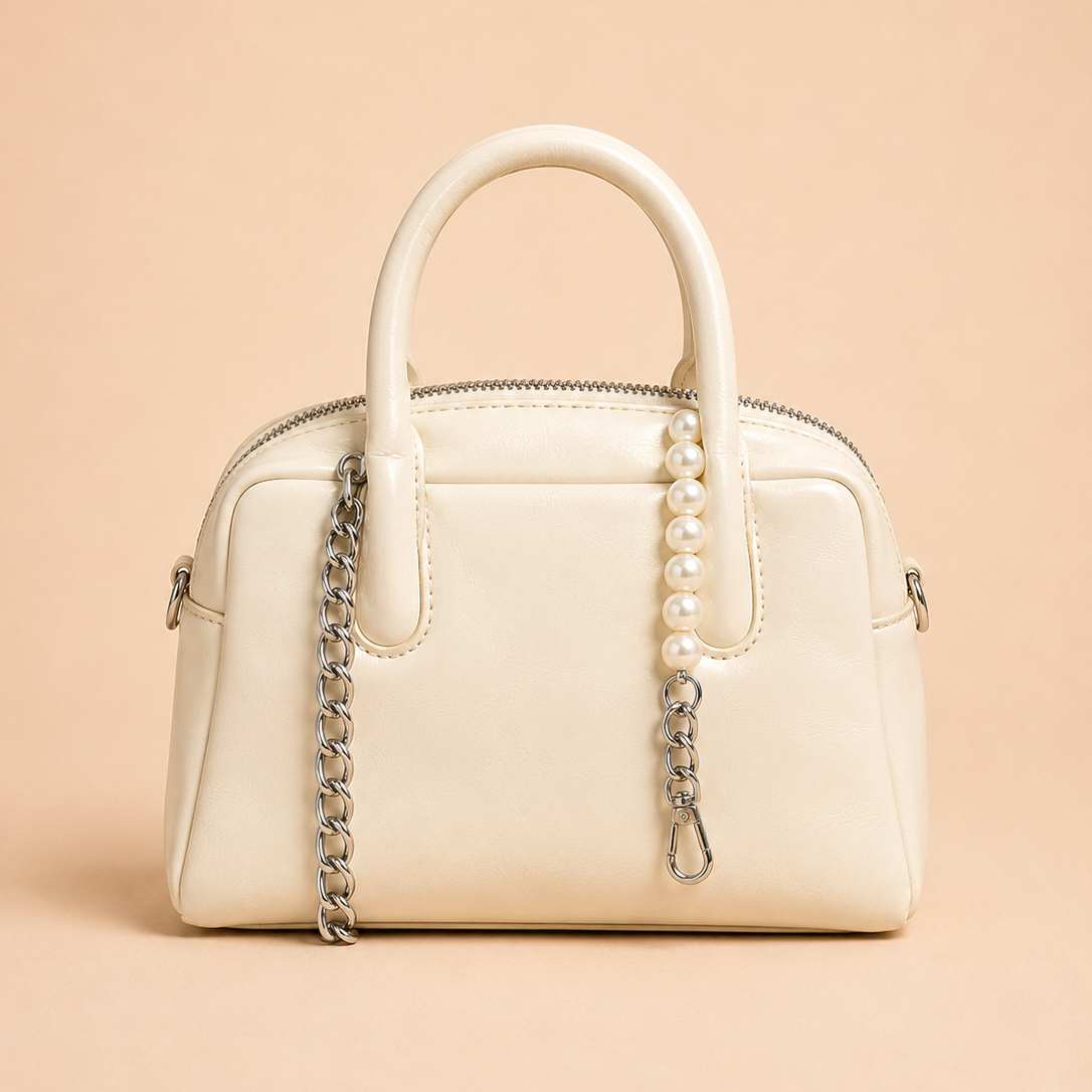 Ivory Super Soft Leather Handbag with Pearl & Chain Detail