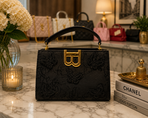 Black Butterfly Embroidered Handbag