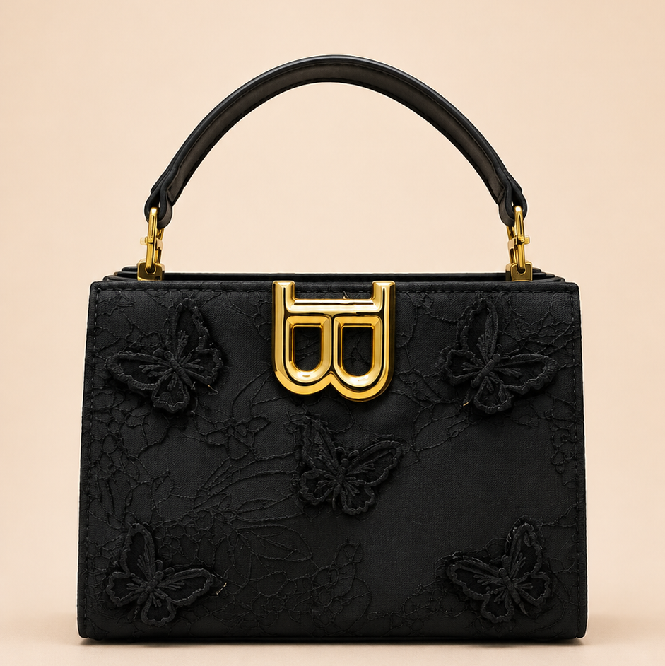 Black Butterfly Embroidered Handbag