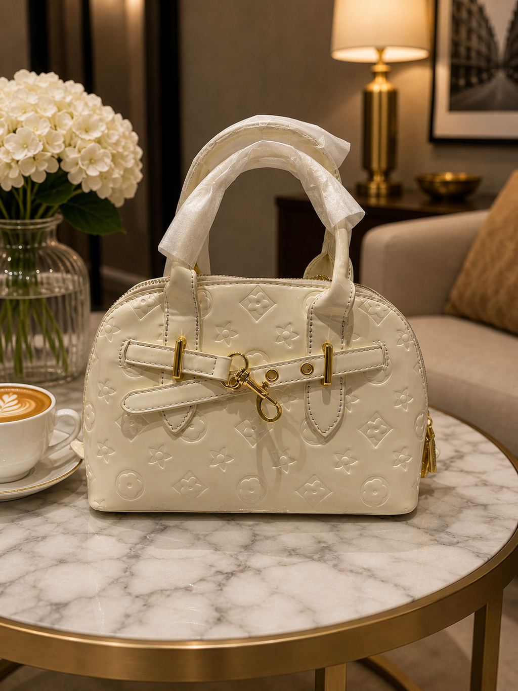 Ivory Embossed Patent Handbag