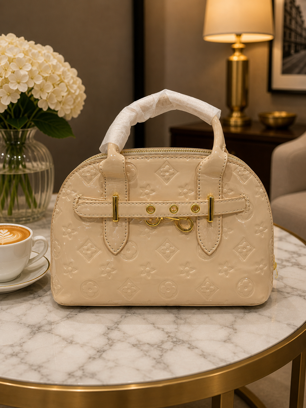 Cream tan Embossed Patent Leather Handbag