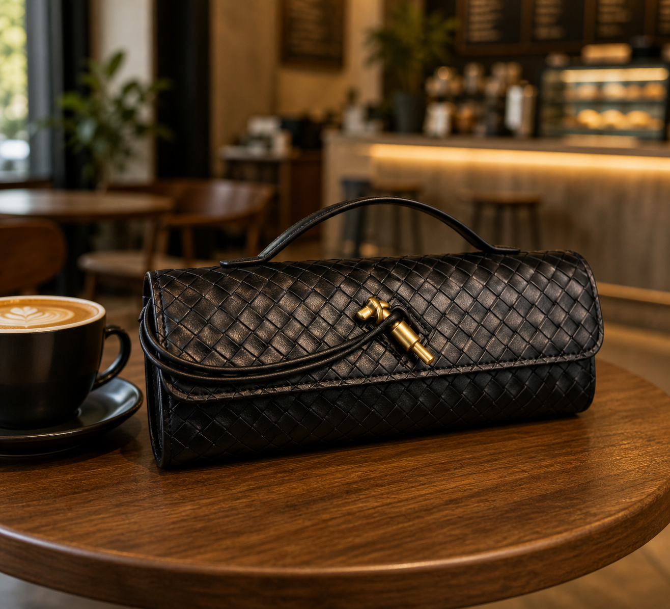 Black Woven Structured Clutch Handbag