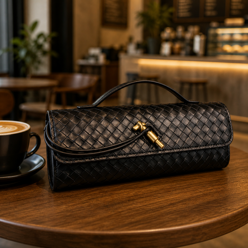 Black Woven Structured Clutch Handbag