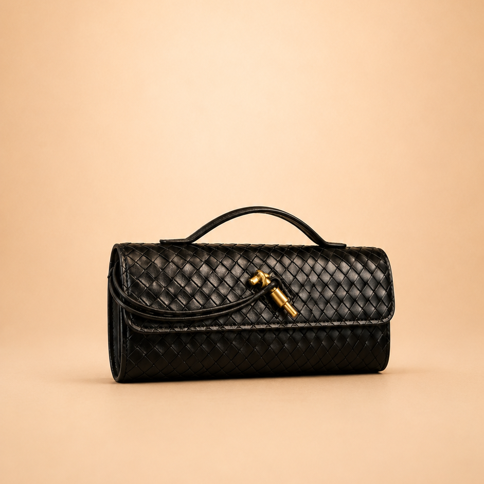 Black Woven Structured Clutch Handbag
