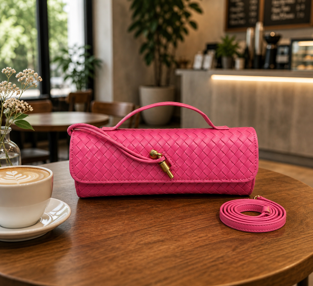 Pink Woven Clutch Shoulder Bag