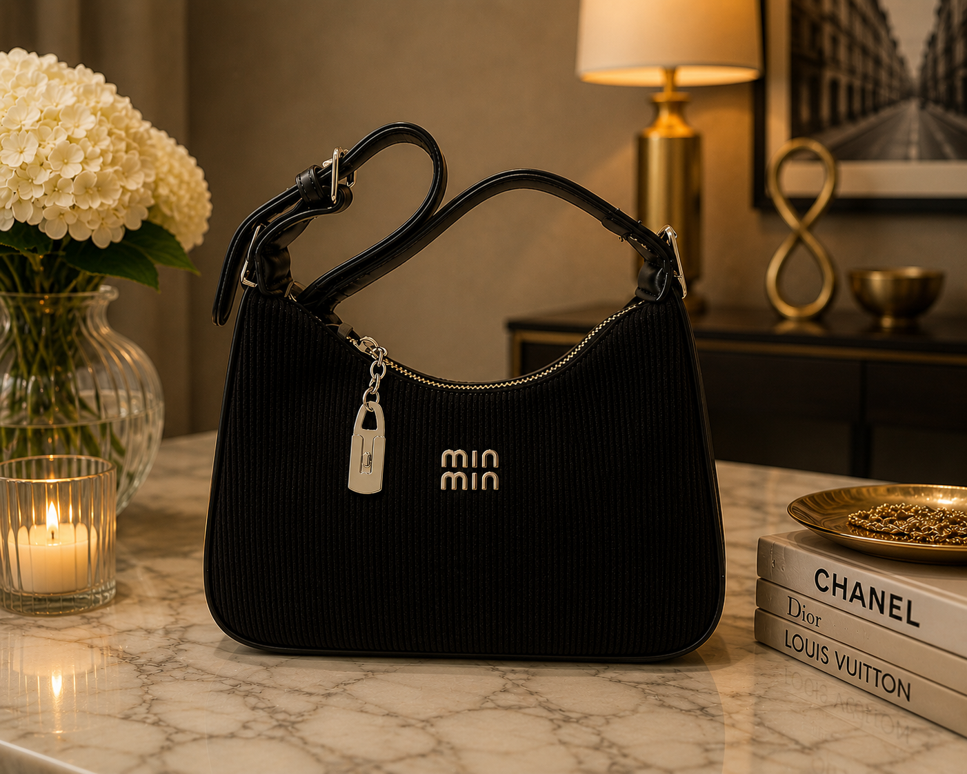 Black Ribbed Hobo Shoulder Bag with Silver-Tone Charm