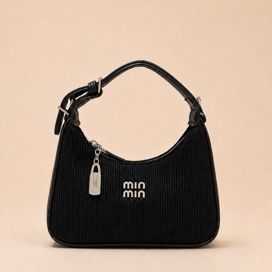 Black Ribbed Hobo Shoulder Bag with Silver-Tone Charm