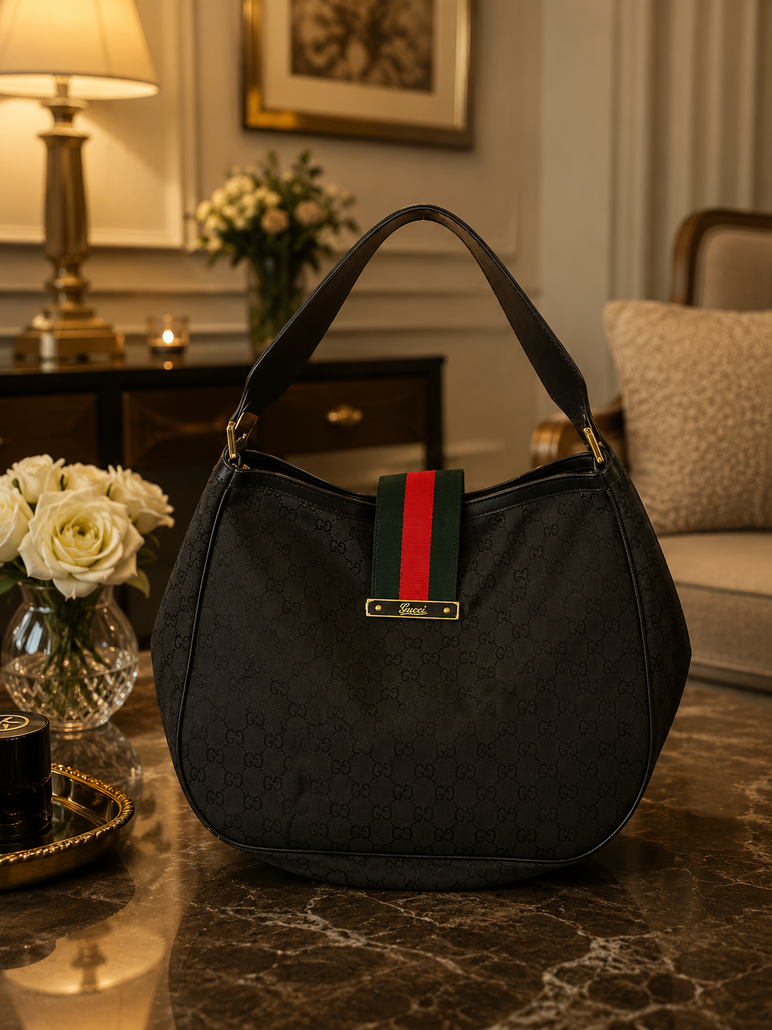 Premium Black Monogram GUCCI TOTE  Bag with Web Stripe Detail