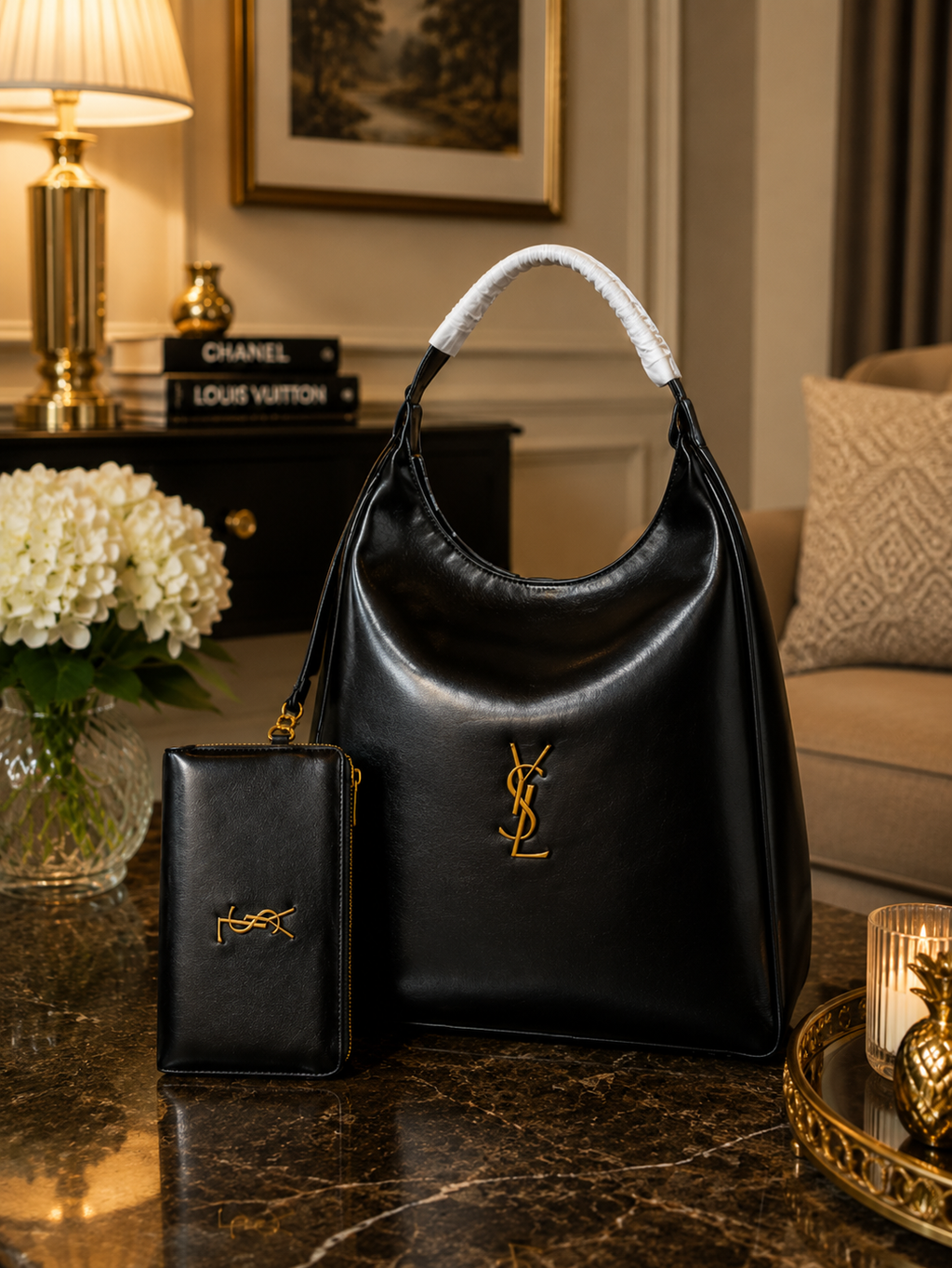 Premium LSY Black Hobo Tote Bag with Matching Pouch