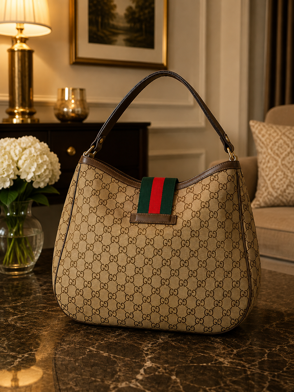 Premium Beige Monogram GUCCI TOTE Bag with Web Stripe Detail