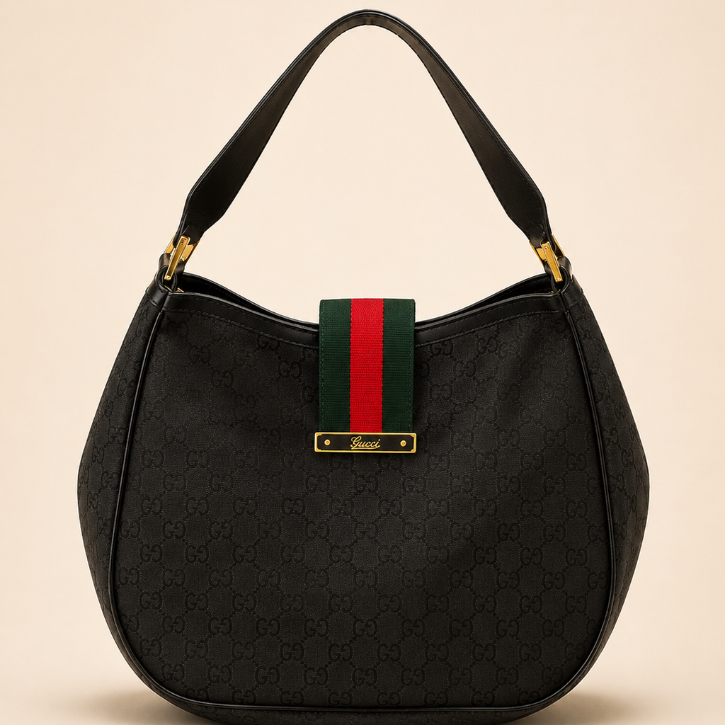 Premium Black Monogram GUCCI TOTE  Bag with Web Stripe Detail
