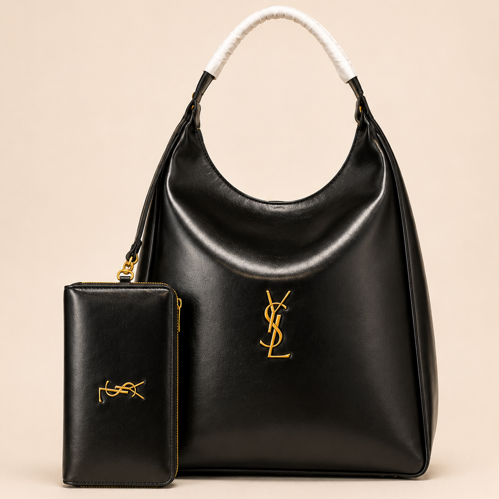 Premium LSY Black Hobo Tote Bag with Matching Pouch