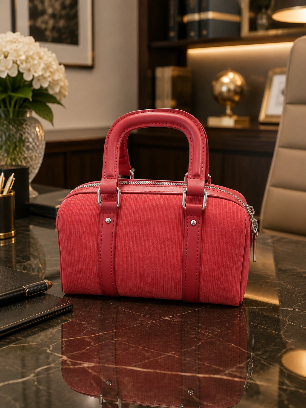 Elegant Red Mini Top Handle Handbag with Detachable Shoulder Strap