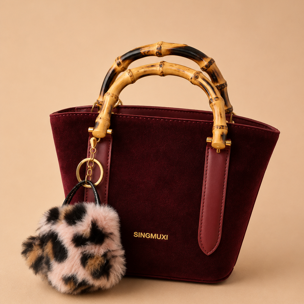 Luxury Burgundy Suede Tote Bag with Wooden Handles